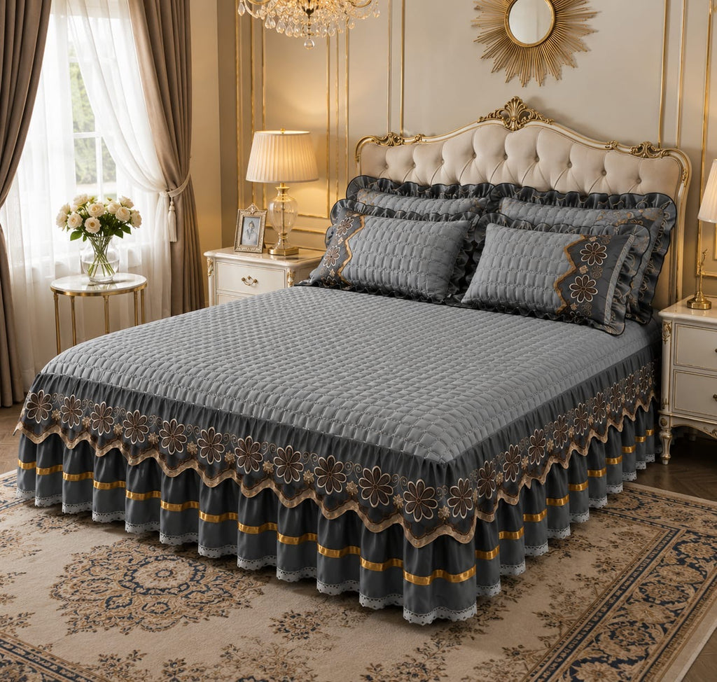 Luxury Quilted Velvet Bed Skirt Set – Emeralda color gray Quilted Mattress Cover with Ruffled Floral Embroidered Skirt Trim & Pillowcases, All-Season Warm Bed Cover