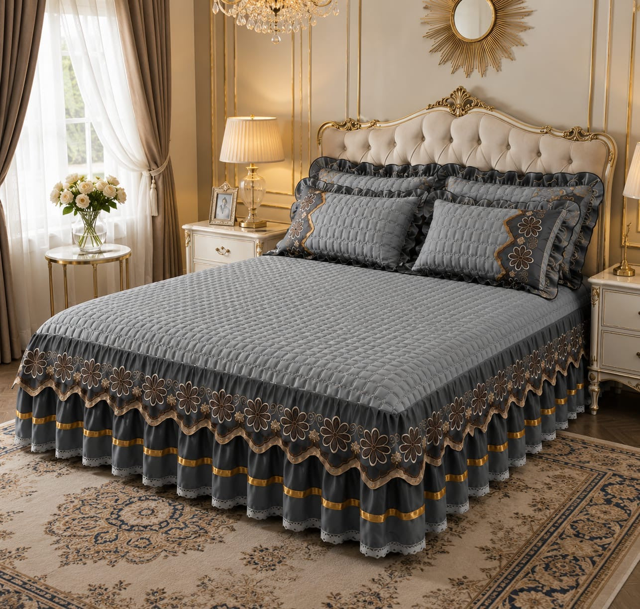 Luxury Quilted Velvet Bed Skirt Set – Emeralda color gray Quilted Mattress Cover with Ruffled Floral Embroidered Skirt Trim & Pillowcases, All-Season Warm Bed Cover