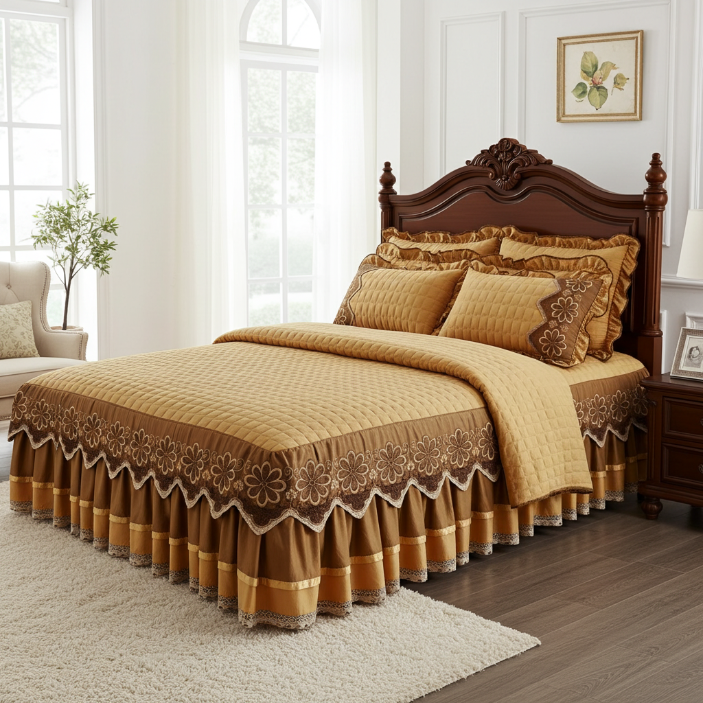 Luxury Quilted Bedspread Set – Embroidered Lace Coverlet with Matching Pillowcases