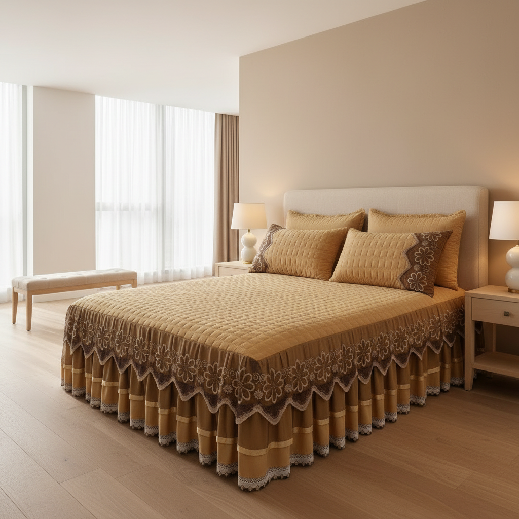 Luxury Quilted Bedspread Set – Embroidered Lace Coverlet with Matching Pillowcases